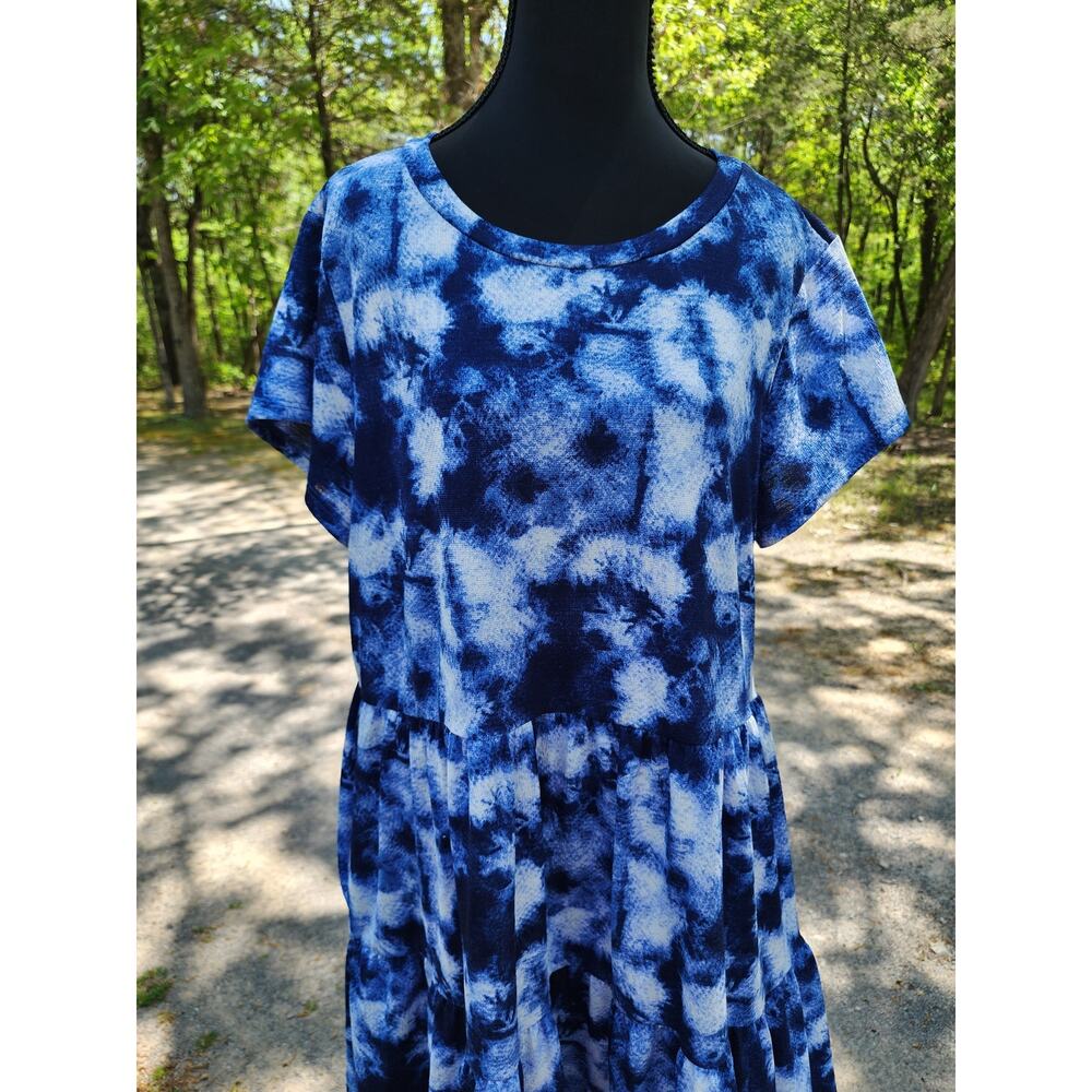 LuLaroe Womens Medium Ariel Dress Blue & White Tie Dye Pockets Tiered